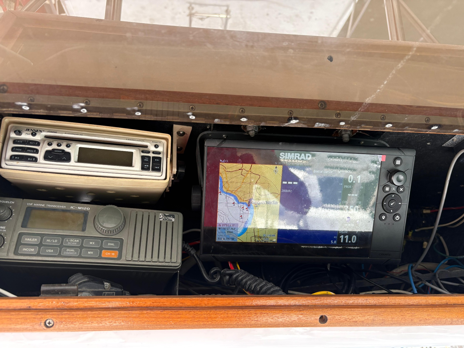 Simrad chartplotter, Icom VHF and Jensen stereo