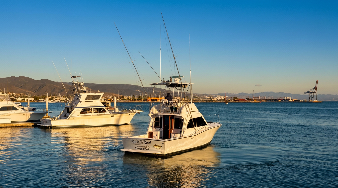 Albemarle 325 at golden hour with mountains, Ensenada