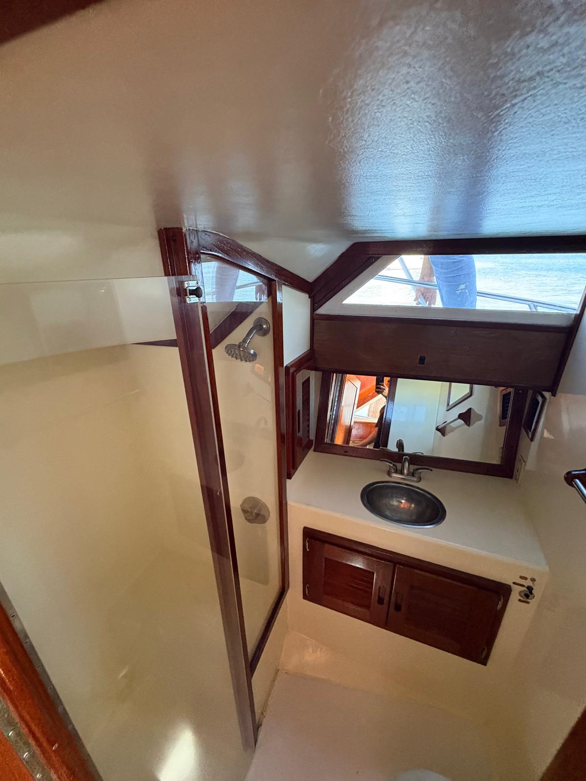 Head with stand-up shower and copper sink
